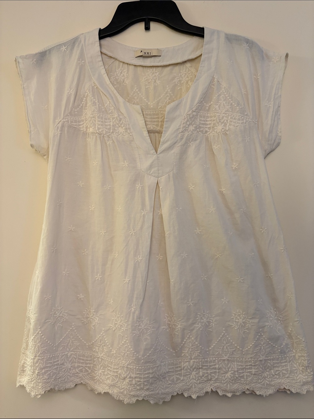 XXI Vintage Women’s‎ White Embroidered V-Neck Tunic Baby Doll Y2K Top